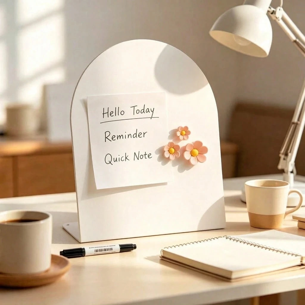 4pcs Set (1 Large White Arch-Shaped Magnetic Memo Board + 3 Random Flower Stickers), Desktop Decor Photo Memo Display Stand, Multi-Functional Card And To-Do List Organizer For Bedroom Desk, Kitchen Co