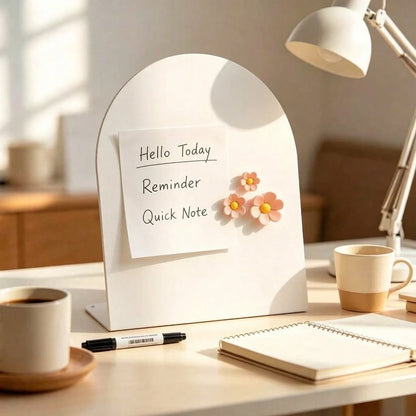 4pcs Set (1 Large White Arch-Shaped Magnetic Memo Board + 3 Random Flower Stickers), Desktop Decor Photo Memo Display Stand, Multi-Functional Card And To-Do List Organizer For Bedroom Desk, Kitchen Co