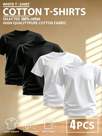 4pcs/Set 100% High-Quality Pure Cotton Men'S Round Neck T-Shirt Made From A Carefully Chosen, Offering Softness And While Being Durable And Fashionable Everyday Appearanc Soft And Comfortable, Suitabl