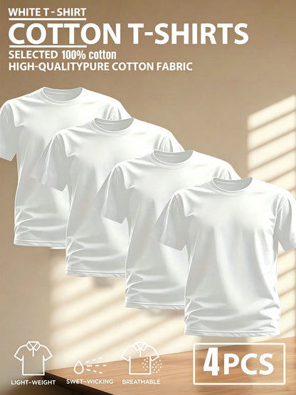4pcs/Set 100% High-Quality Pure Cotton Men'S Round Neck T-Shirt Made From A Carefully Chosen, Offering Softness And While Being Durable And Fashionable Everyday Appearanc Soft And Comfortable, Suitabl