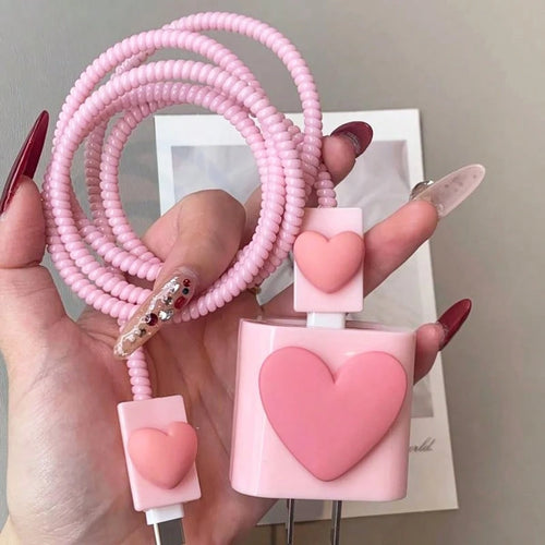 4pcs/Set Pink Heart US Standard Apple 18/20W Charger Protective Cover, Anti-Break Data Cable Protector, Pink Girly Style Protective Cover, Also Suitable As Birthday, Christmas, New Year Holiday Gift F