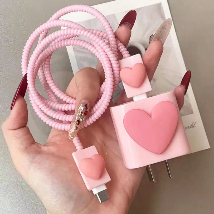 4pcs/Set Pink Heart US Standard Apple 18/20W Charger Protective Cover, Anti-Break Data Cable Protector, Pink Girly Style Protective Cover, Also Suitable As Birthday, Christmas, New Year Holiday Gift F