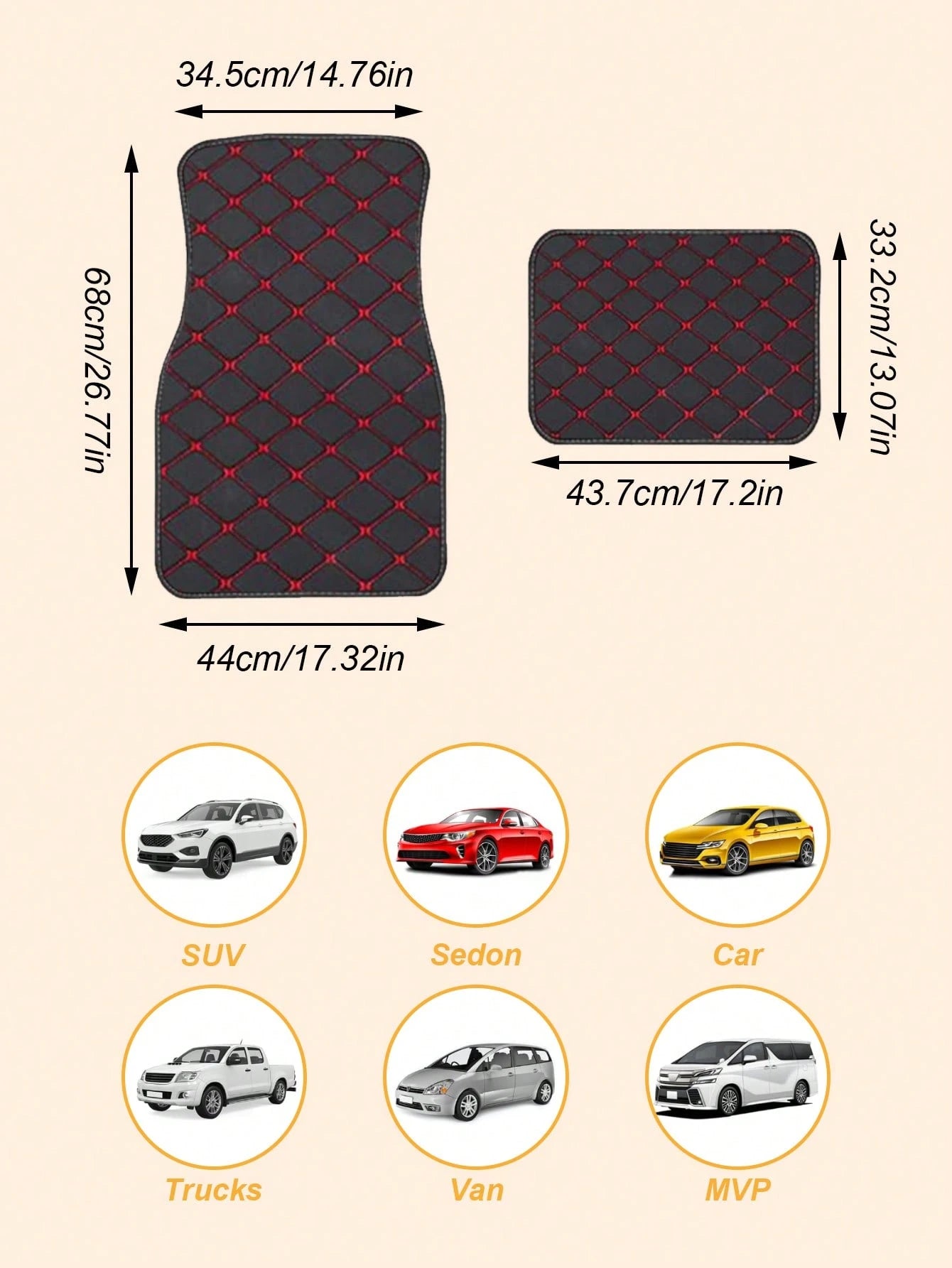 4Pcs/Set Universal Car Floor Mats Set For Right-Hand Drive Vehicles – PVC Leather Surface With Stylish Quilted Pattern, Water & Stain Resistant, All Season Use, Deep Edges To Trap Dust Mud And Water