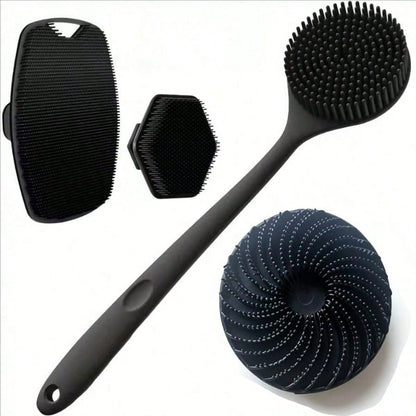4pcs Silicone Back Massage Brush And Soft Bath Mitt Set, Exfoliating Body Gua Sha Board And Extra Foaming Bath Brush Combination, Rich Lather Body Cleansing Tools