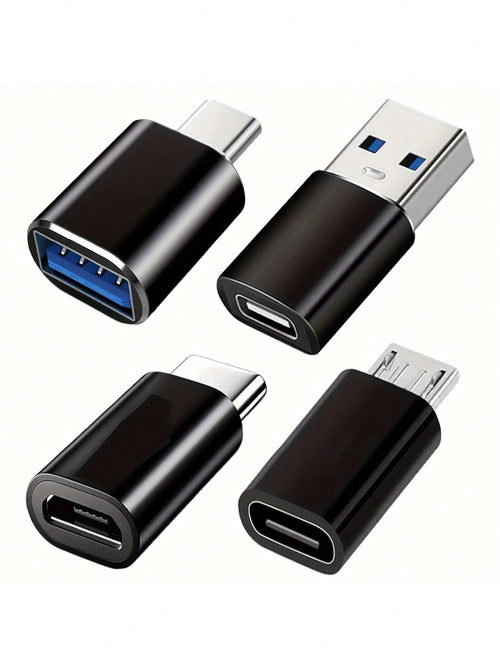 4pcs USB-C Adapter Set: USB 3.0 OTG, Micro USB To USB-C, Fashionable Black Metal Surface- Compatible With MacBook Pro, Smartphones, Laptops, PCs, USB Adapter