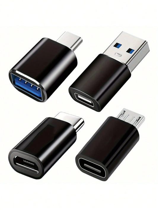 4pcs USB-C Adapter Set: USB 3.0 OTG, Micro USB To USB-C, Fashionable Black Metal Surface- Compatible With MacBook Pro, Smartphones, Laptops, PCs, USB Adapter
