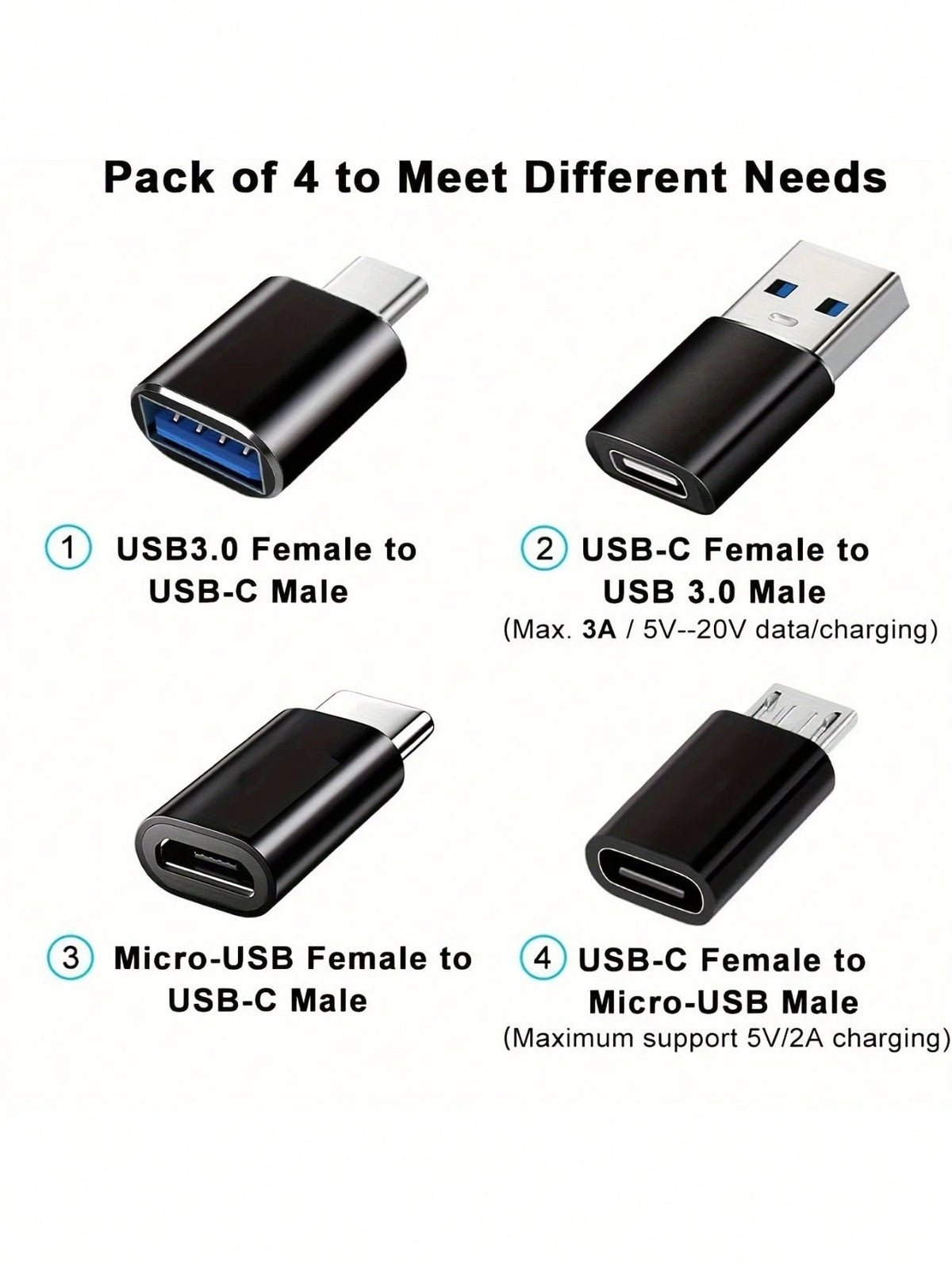4pcs USB-C Adapter Set: USB 3.0 OTG, Micro USB To USB-C, Fashionable Black Metal Surface- Compatible With MacBook Pro, Smartphones, Laptops, PCs, USB Adapter