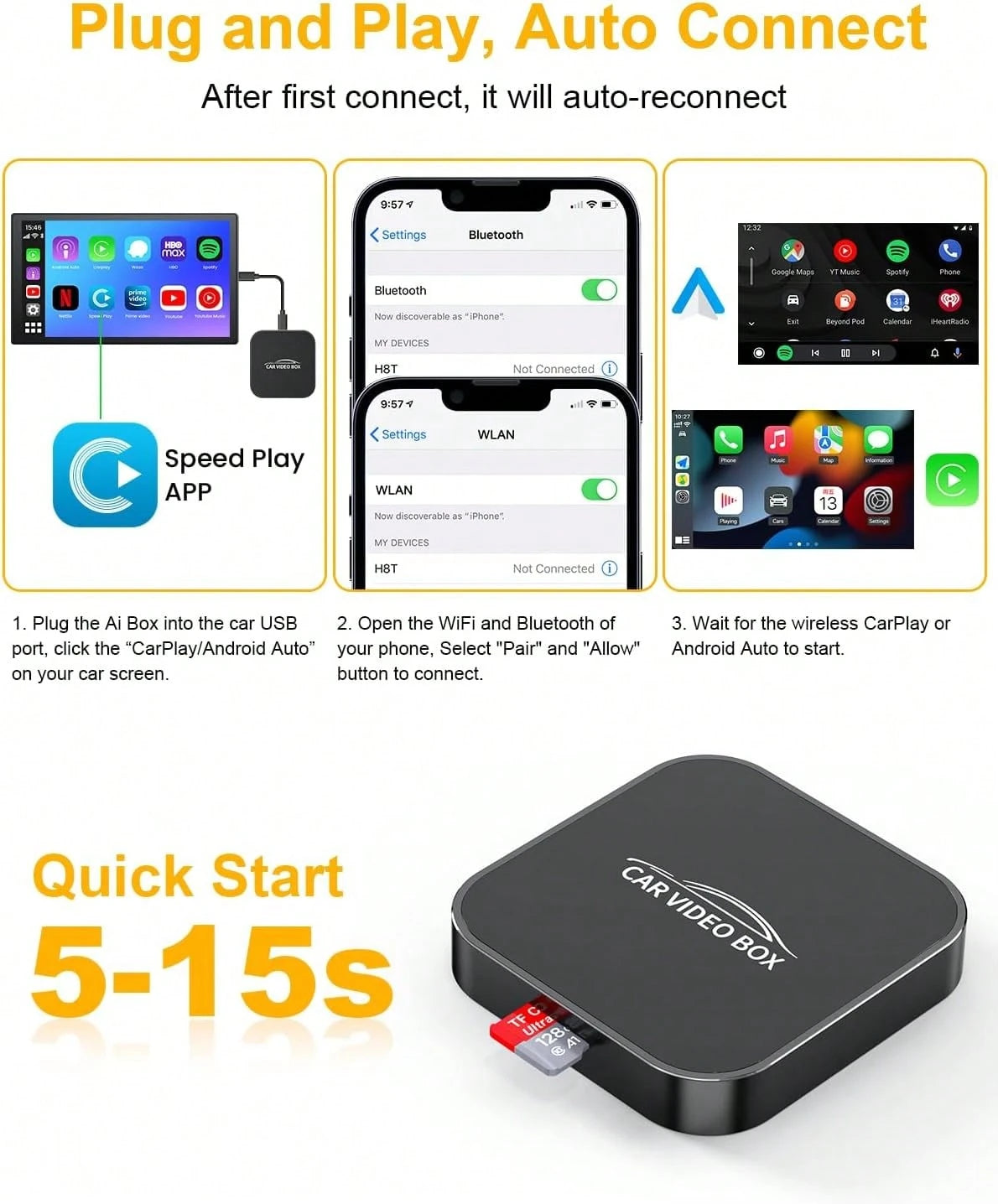 5 In 1 Wireless CarPlay Adapter With, 2025 New Apple CarPlay And Android Auto Wireless Adapter Magic CarPlay Ai Box Streaming Video For IPhone/Android And Cars After 2015 Car