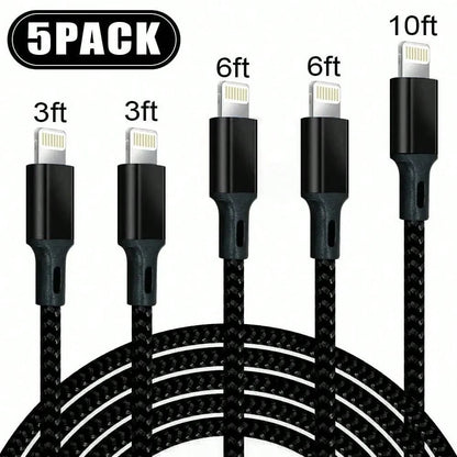 5 PACK Nylon Braided Cables, (3/3/6/6/10FT),Charging Cable Combo Kit, Featuring Nylon Braided Lightning Cables MFi Certified Lightning Cable Fast Charging Cords Apple Charger Compatible With IPhone 14