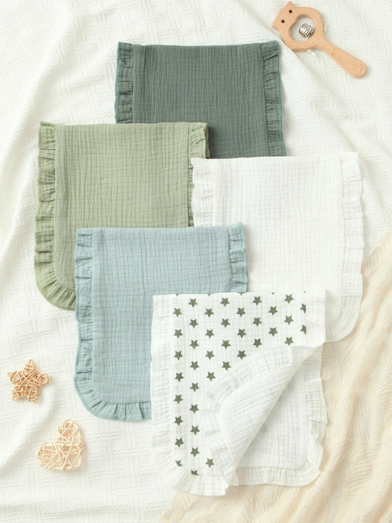 5-Pcs Of Soft And Comfortable Muslin Cotton Burp Cloths With A Beautiful Ruffle Design, NewBorn Essential