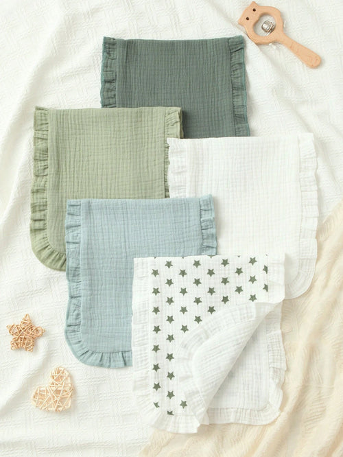 5-Pcs Of Soft And Comfortable Muslin Cotton Burp Cloths With A Beautiful Ruffle Design, NewBorn Essential
