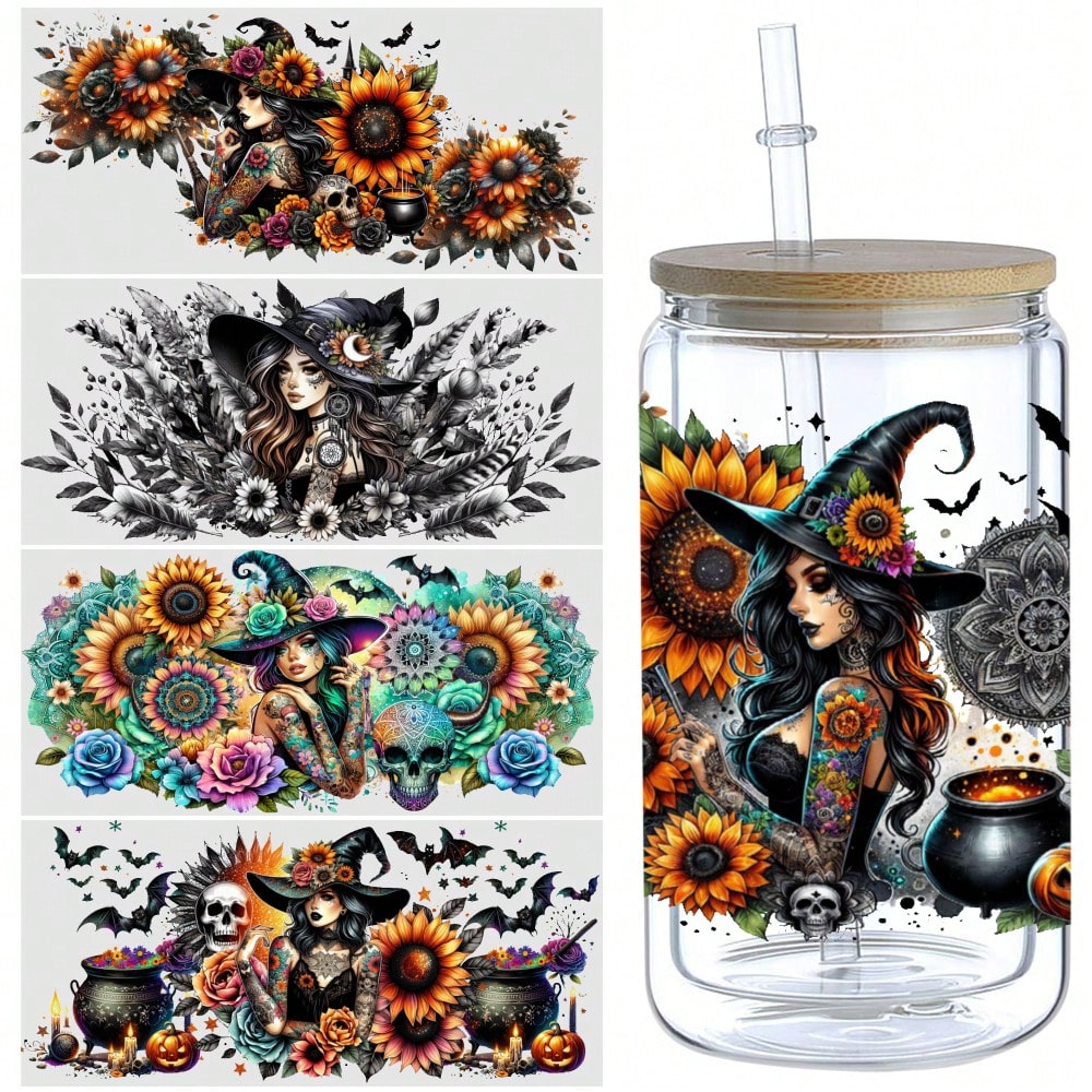5 Sheets Witch Floral UV DTF Stickers Plastic Self-Adhesive Labels Transfer Sticker Decal DIY Water Bottle Glass For 16 Oz Tumbler Cups Decoration