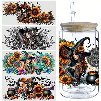 5 Sheets Witch Floral UV DTF Stickers Plastic Self-Adhesive Labels Transfer Sticker Decal DIY Water Bottle Glass For 16 Oz Tumbler Cups Decoration