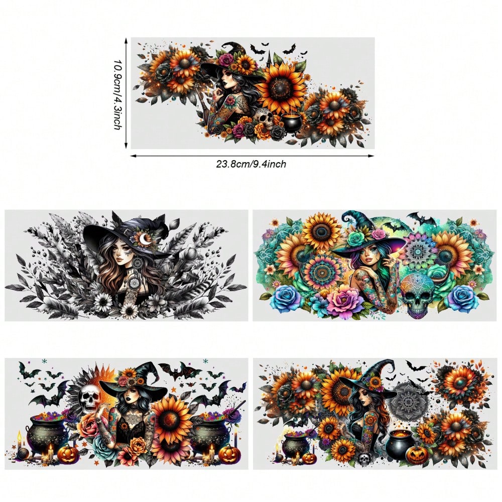 5 Sheets Witch Floral UV DTF Stickers Plastic Self-Adhesive Labels Transfer Sticker Decal DIY Water Bottle Glass For 16 Oz Tumbler Cups Decoration