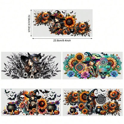 5 Sheets Witch Floral UV DTF Stickers Plastic Self-Adhesive Labels Transfer Sticker Decal DIY Water Bottle Glass For 16 Oz Tumbler Cups Decoration