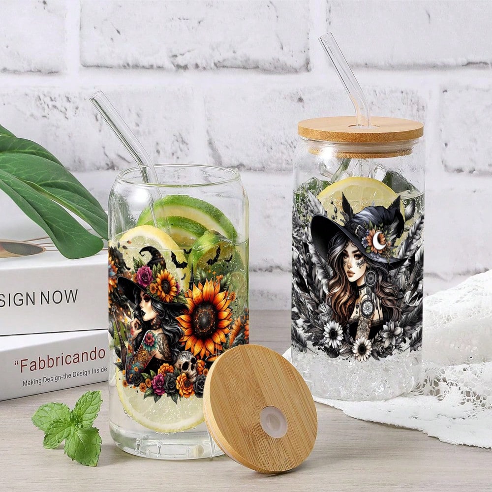 5 Sheets Witch Floral UV DTF Stickers Plastic Self-Adhesive Labels Transfer Sticker Decal DIY Water Bottle Glass For 16 Oz Tumbler Cups Decoration