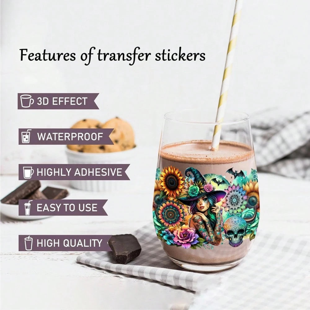 5 Sheets Witch Floral UV DTF Stickers Plastic Self-Adhesive Labels Transfer Sticker Decal DIY Water Bottle Glass For 16 Oz Tumbler Cups Decoration