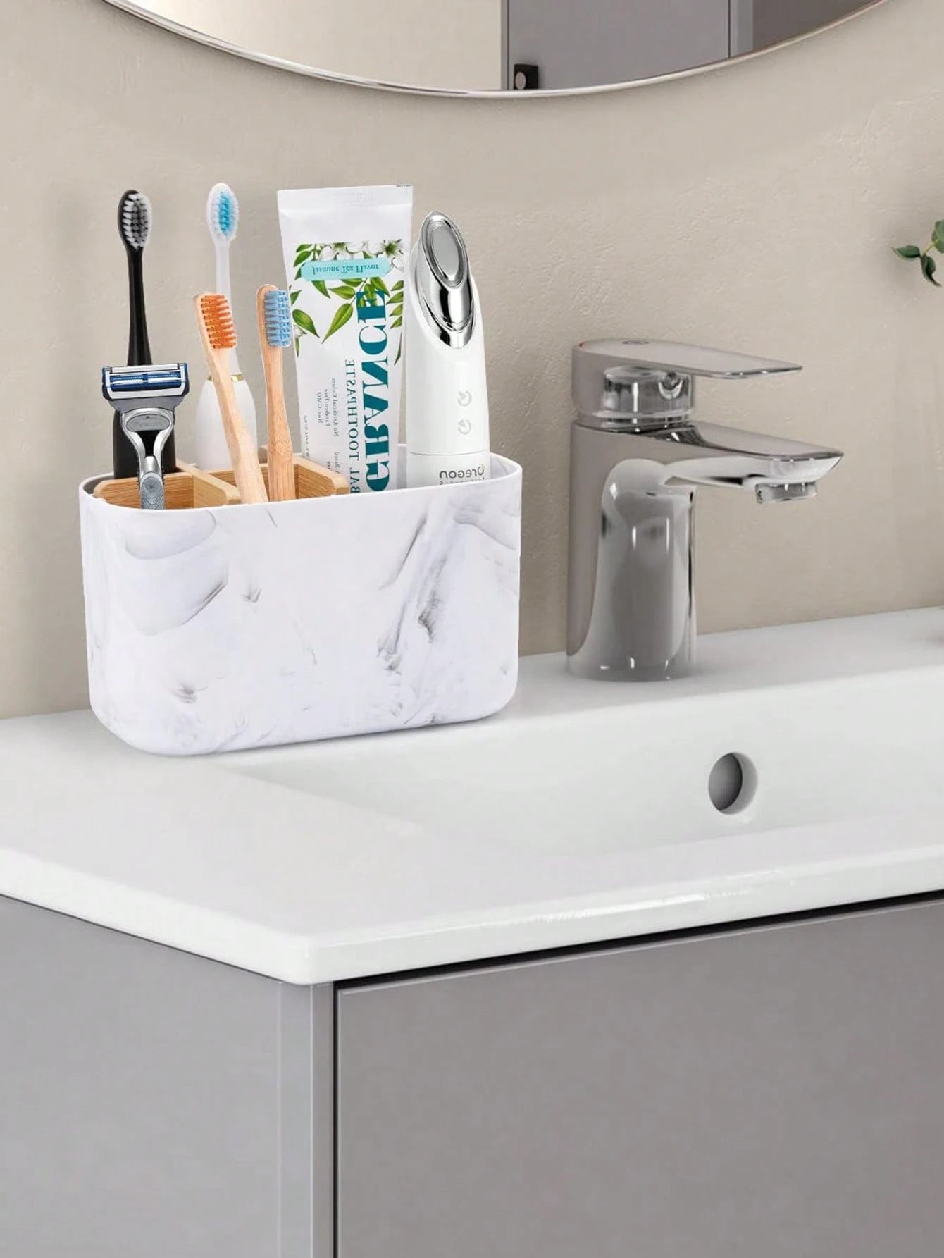 5-Slot Bathroom Toothbrush Holder With Bamboo Divider, Electric Toothbrush Stand, Toothbrush And Toothpaste Storage Organizer For Countertop