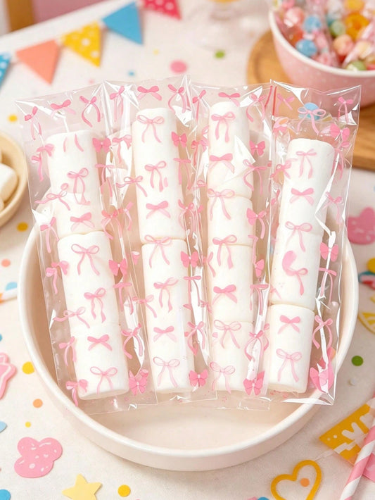 50/100pcs Pink Bow Pattern Self-Sealing Candy Bags, Transparent Plastic Baking Gift Bags For Baby Shower, Gift Packaging Bags, Snack Bags, Party Decorations, Baby Shower Decor, Baking Cookies Chocolat