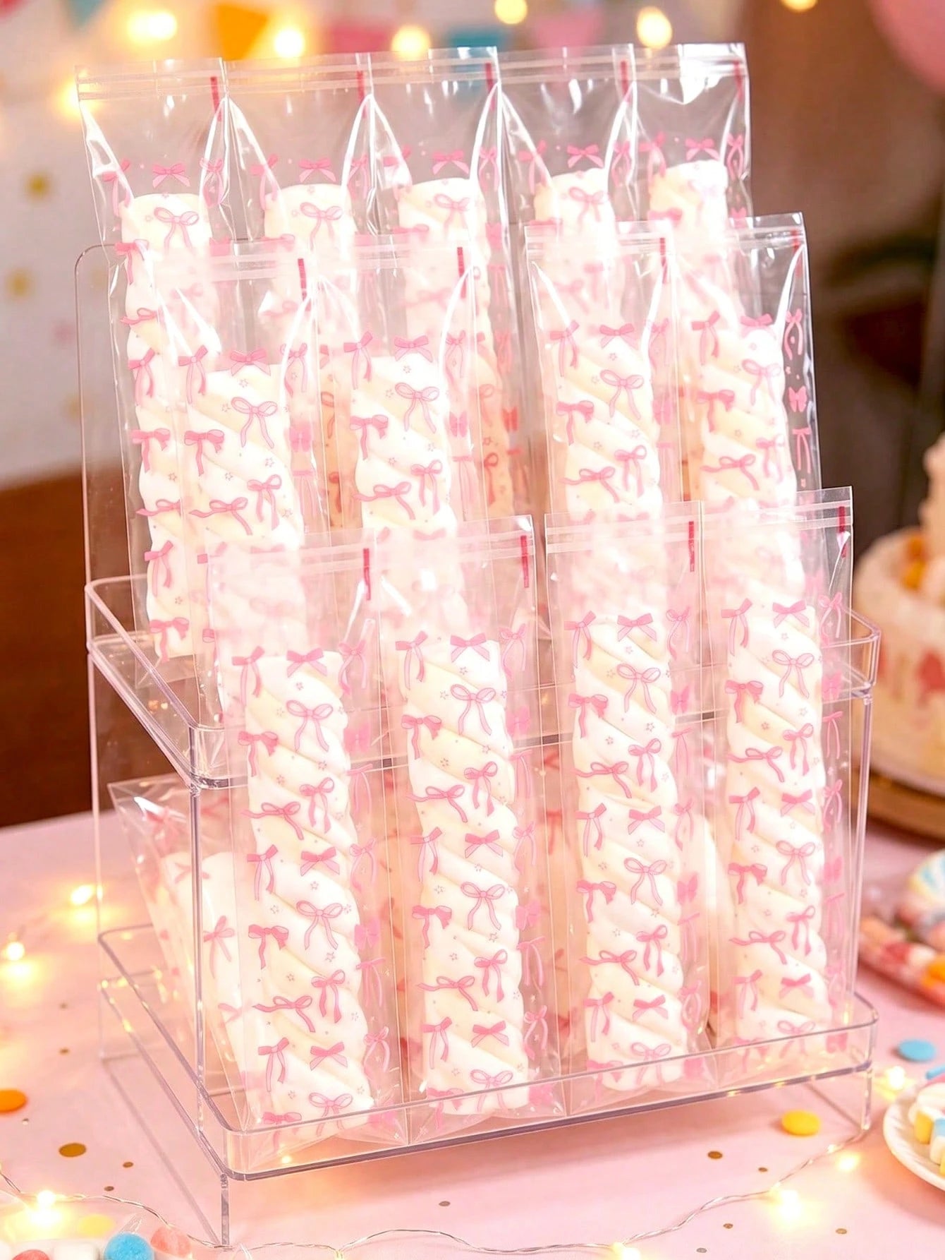 50/100pcs Pink Bow Pattern Self-Sealing Candy Bags, Transparent Plastic Baking Gift Bags For Baby Shower, Gift Packaging Bags, Snack Bags, Party Decorations, Baby Shower Decor, Baking Cookies Chocolat