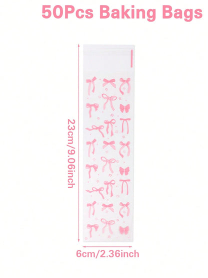 50/100pcs Pink Bow Pattern Self-Sealing Candy Bags, Transparent Plastic Baking Gift Bags For Baby Shower, Gift Packaging Bags, Snack Bags, Party Decorations, Baby Shower Decor, Baking Cookies Chocolat