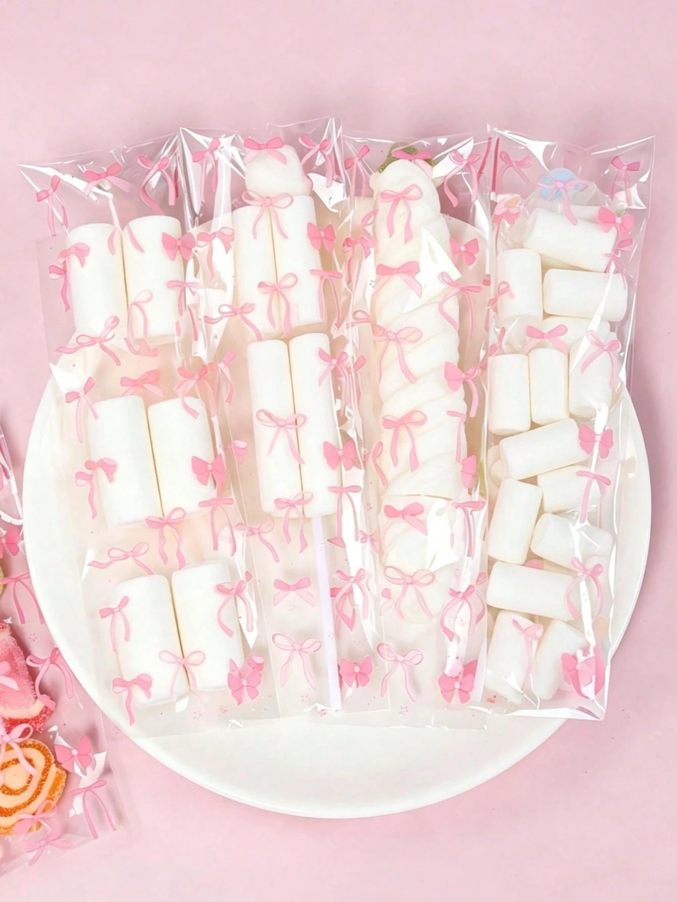 50/100pcs Pink Bow Pattern Self-Sealing Candy Bags, Transparent Plastic Baking Gift Bags For Baby Shower, Gift Packaging Bags, Snack Bags, Party Decorations, Baby Shower Decor, Baking Cookies Chocolat