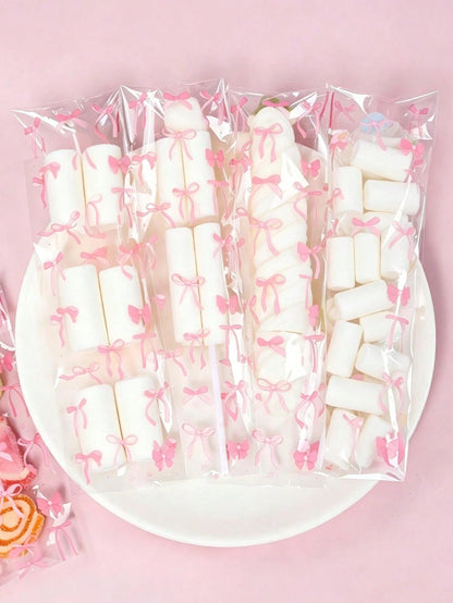 50/100pcs Pink Bow Pattern Self-Sealing Candy Bags, Transparent Plastic Baking Gift Bags For Baby Shower, Gift Packaging Bags, Snack Bags, Party Decorations, Baby Shower Decor, Baking Cookies Chocolat