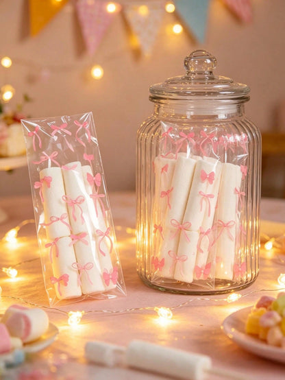 50/100pcs Pink Bow Pattern Self-Sealing Candy Bags, Transparent Plastic Baking Gift Bags For Baby Shower, Gift Packaging Bags, Snack Bags, Party Decorations, Baby Shower Decor, Baking Cookies Chocolat