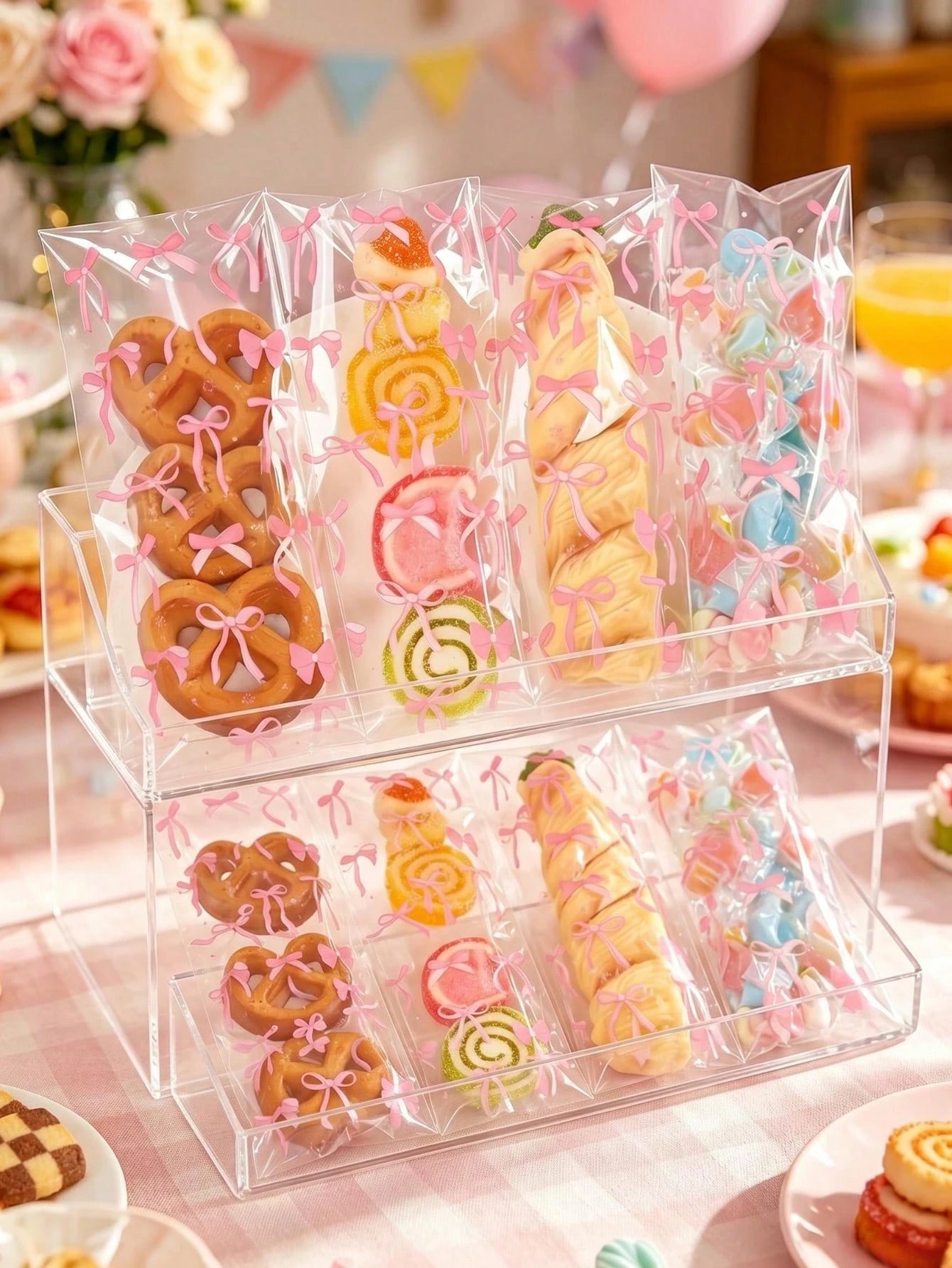 50/100pcs Pink Bow Pattern Self-Sealing Candy Bags, Transparent Plastic Baking Gift Bags For Baby Shower, Gift Packaging Bags, Snack Bags, Party Decorations, Baby Shower Decor, Baking Cookies Chocolat