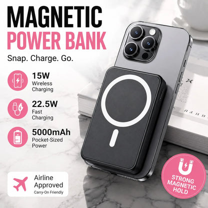5000mAh Lightweight Magnetic Portable Charger, Ultra Slim Wireless Power Bank With Card Wallet, 15W Wireless Charging & 22.5W Wired Fast Charging, Compact Battery Pack For IPhone 12 13 14 15 Pro Max P