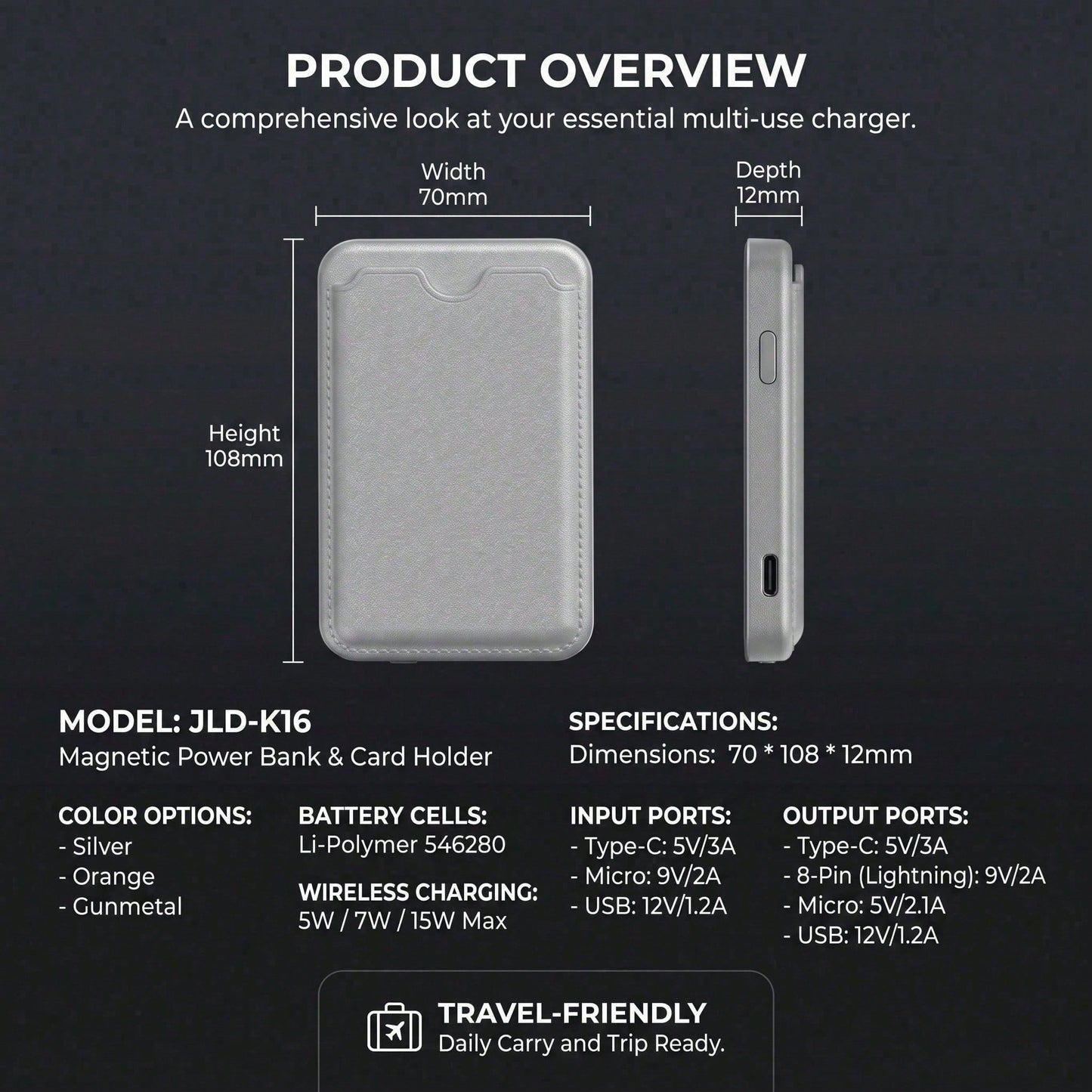 5000mAh Lightweight Magnetic Portable Charger, Ultra Slim Wireless Power Bank With Card Wallet, 15W Wireless Charging & 22.5W Wired Fast Charging, Compact Battery Pack For IPhone 12 13 14 15 Pro Max P