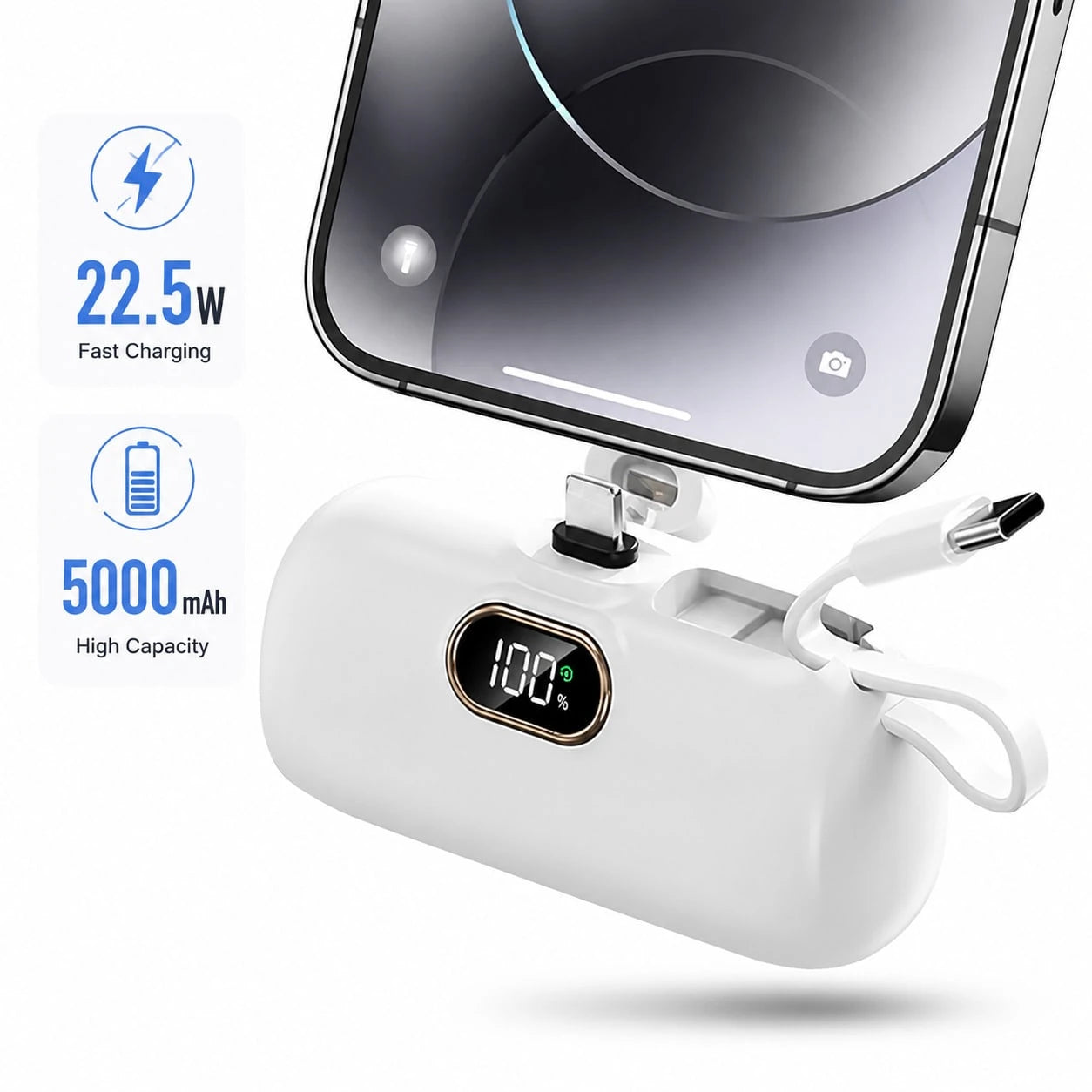 5000mAh Sixth Form Power Bank 22.5W Quick Charge Mini Capsule Charger With Built-In Lightning & Type-C Cables Digital Battery Screen Plug-In No Extra Cable Required Dual Device Charge Ultra Compact Ex