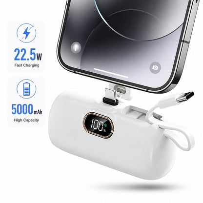 5000mAh Sixth Form Power Bank 22.5W Quick Charge Mini Capsule Charger With Built-In Lightning & Type-C Cables Digital Battery Screen Plug-In No Extra Cable Required Dual Device Charge Ultra Compact Ex