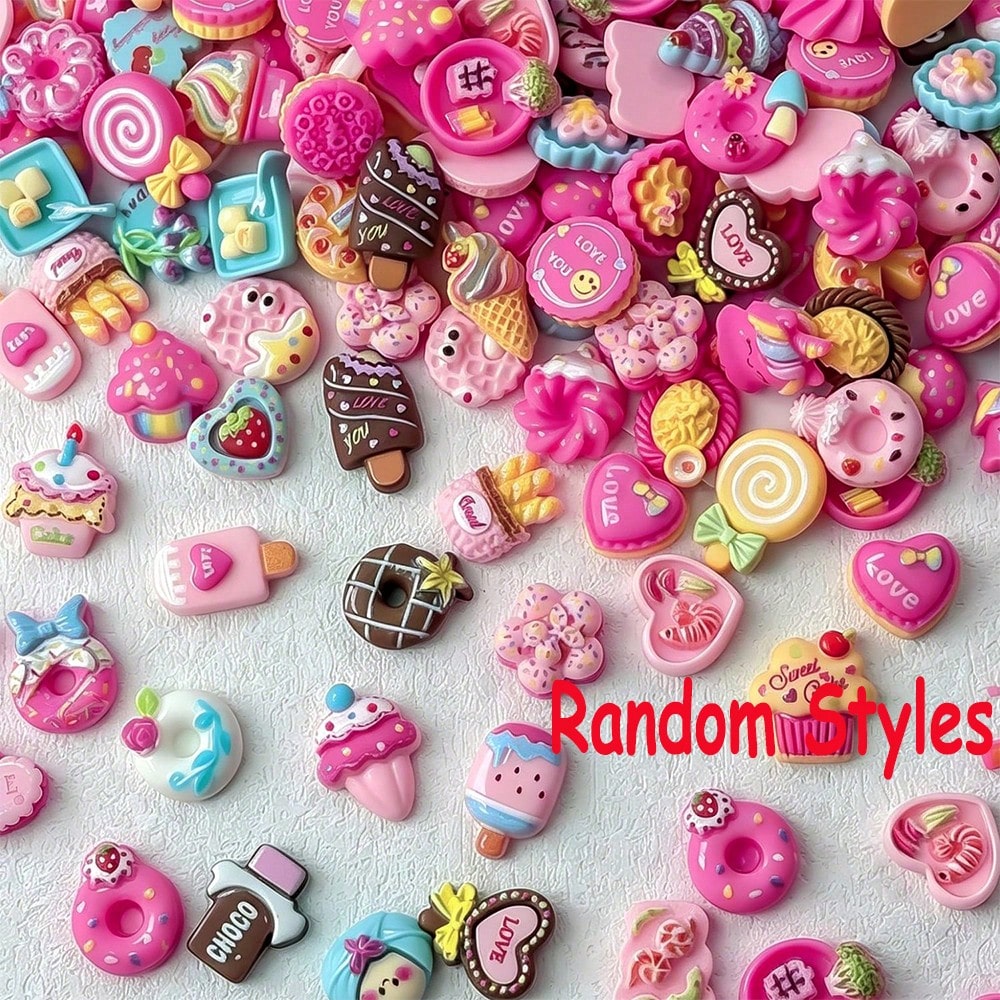 50pcs Cute 3D Dessert Resin Nail Art Charms, Mixed Mini Cake Donut Lollipop Ice Cream Candy Flat Back Nail Decorations, Cute Sweet Pink Pastry Design Nail Accessories, Suitable For Acrylic Nails, DIY