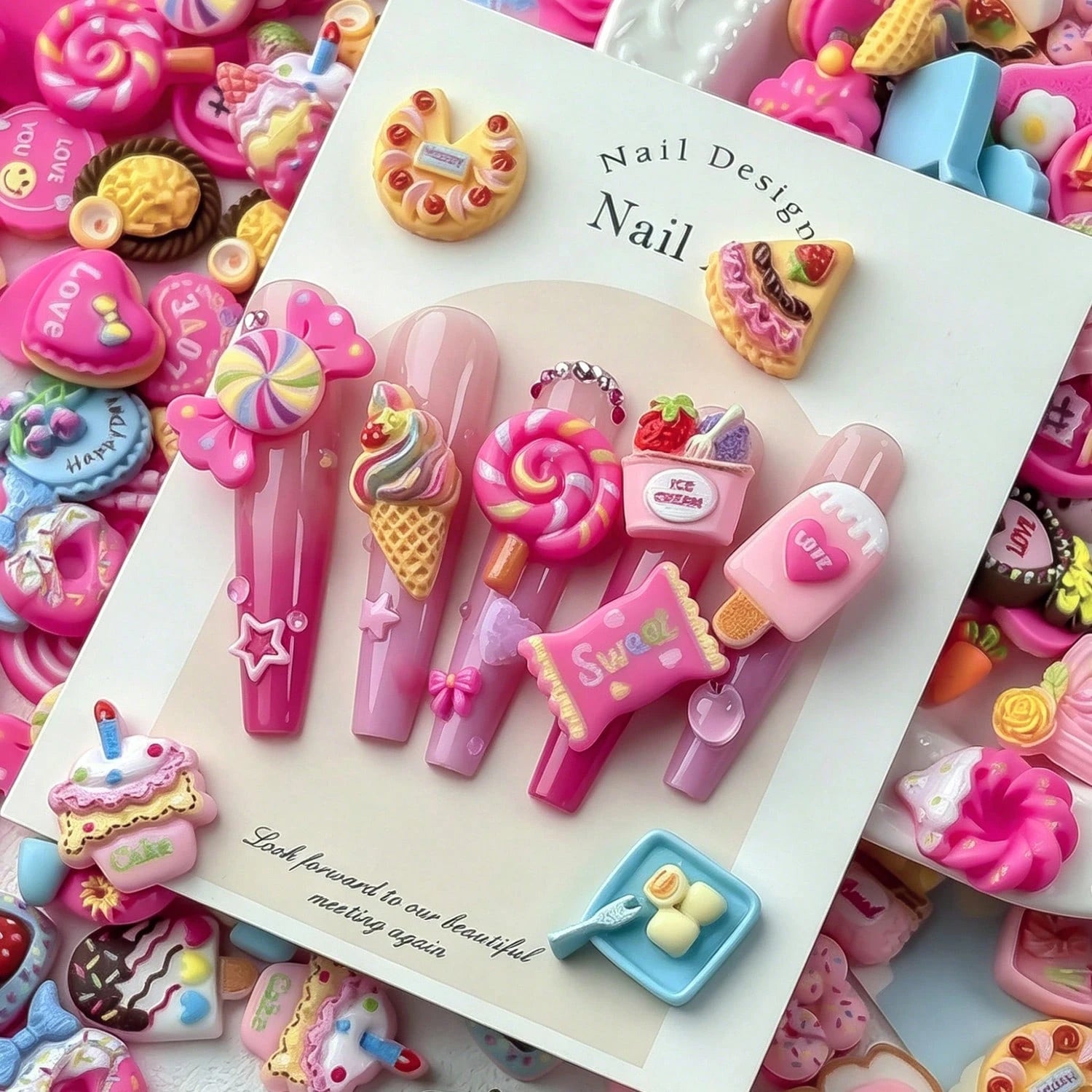 50pcs Cute 3D Dessert Resin Nail Art Charms, Mixed Mini Cake Donut Lollipop Ice Cream Candy Flat Back Nail Decorations, Cute Sweet Pink Pastry Design Nail Accessories, Suitable For Acrylic Nails, DIY