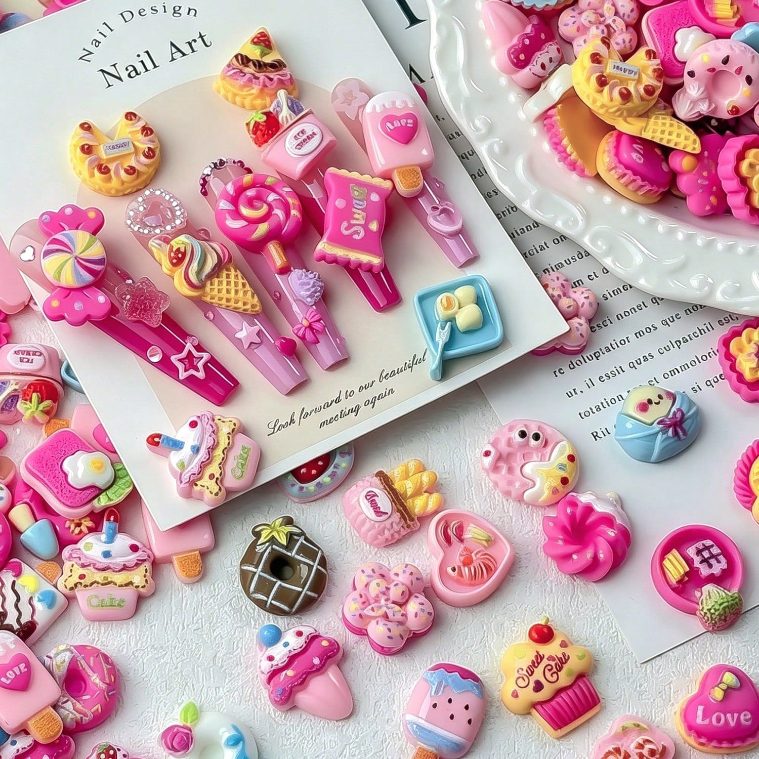 50pcs Cute 3D Dessert Resin Nail Art Charms, Mixed Mini Cake Donut Lollipop Ice Cream Candy Flat Back Nail Decorations, Cute Sweet Pink Pastry Design Nail Accessories, Suitable For Acrylic Nails, DIY
