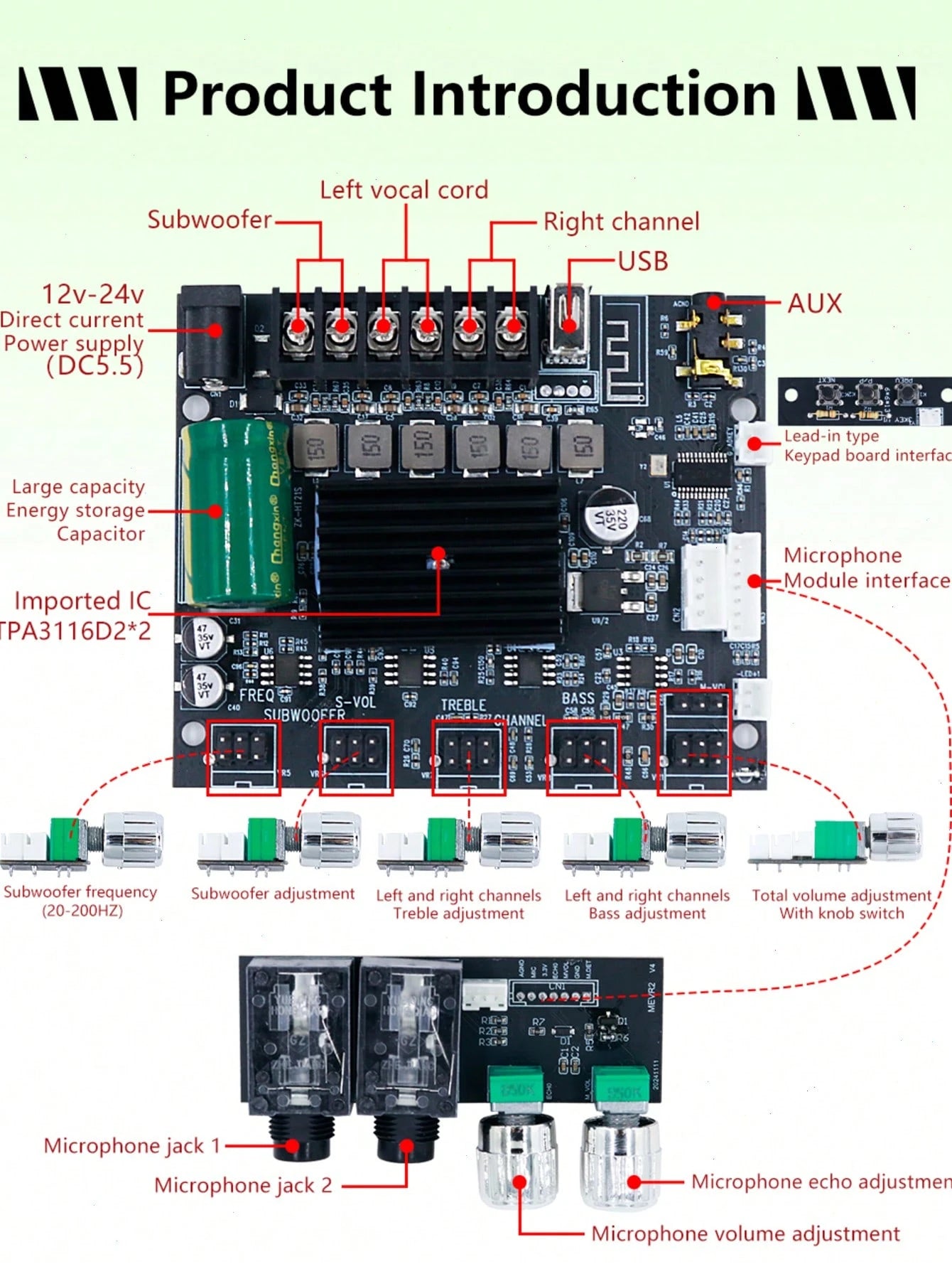 50W*50W*100W Car Power Amplifier Board- High Power Digital Audio Amplifier Module, 2.1 Channel Stereo With Bass And Treble Control