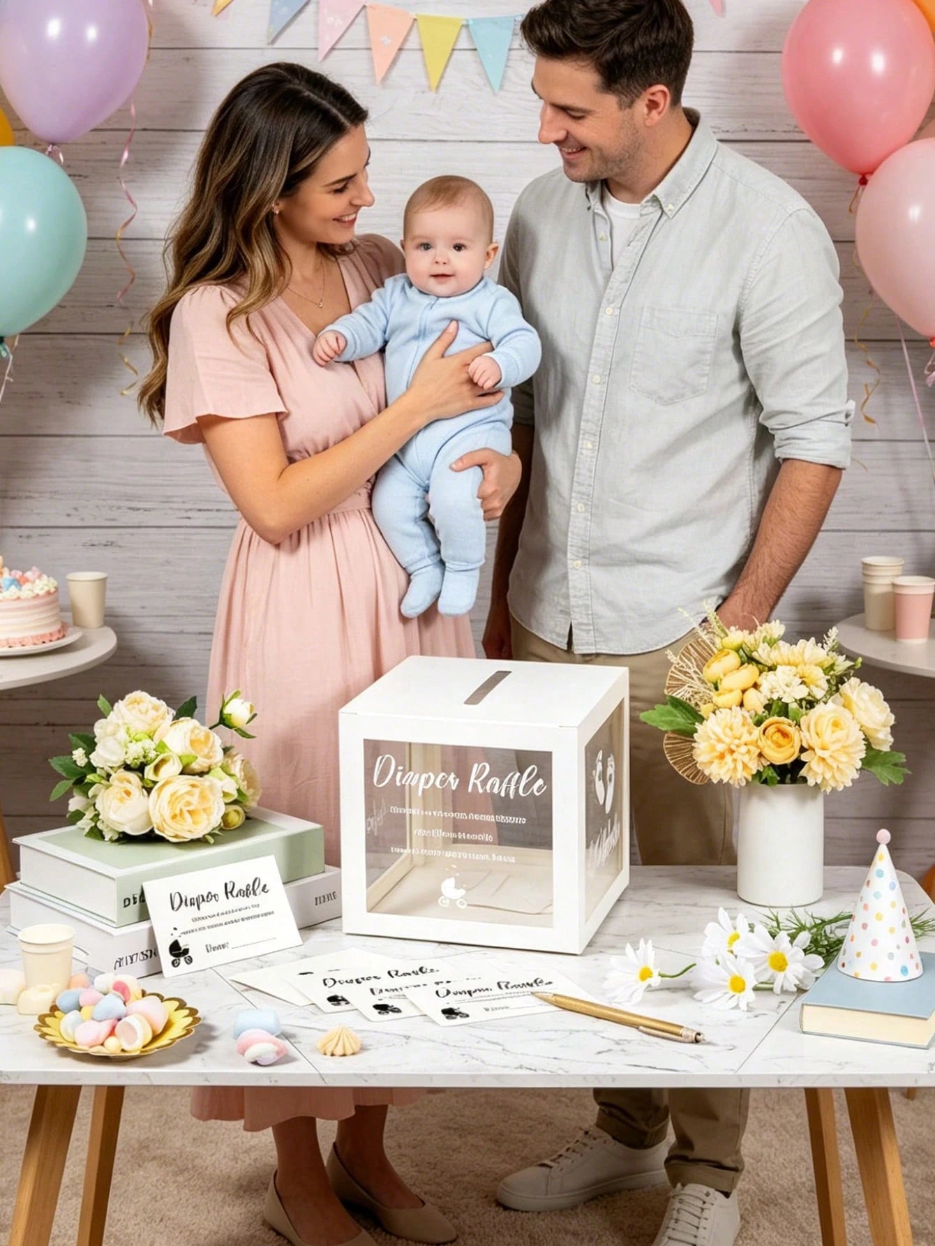 51pcs/Set Baby Shower Diaper Raffle Box Set- Transparent PVC Raffle Box, Includes "Diaper Raffle" Sign, Suitable For Baby Shower Celebration, Baby Shower Supplies, Party Voting Box, Diaper Box