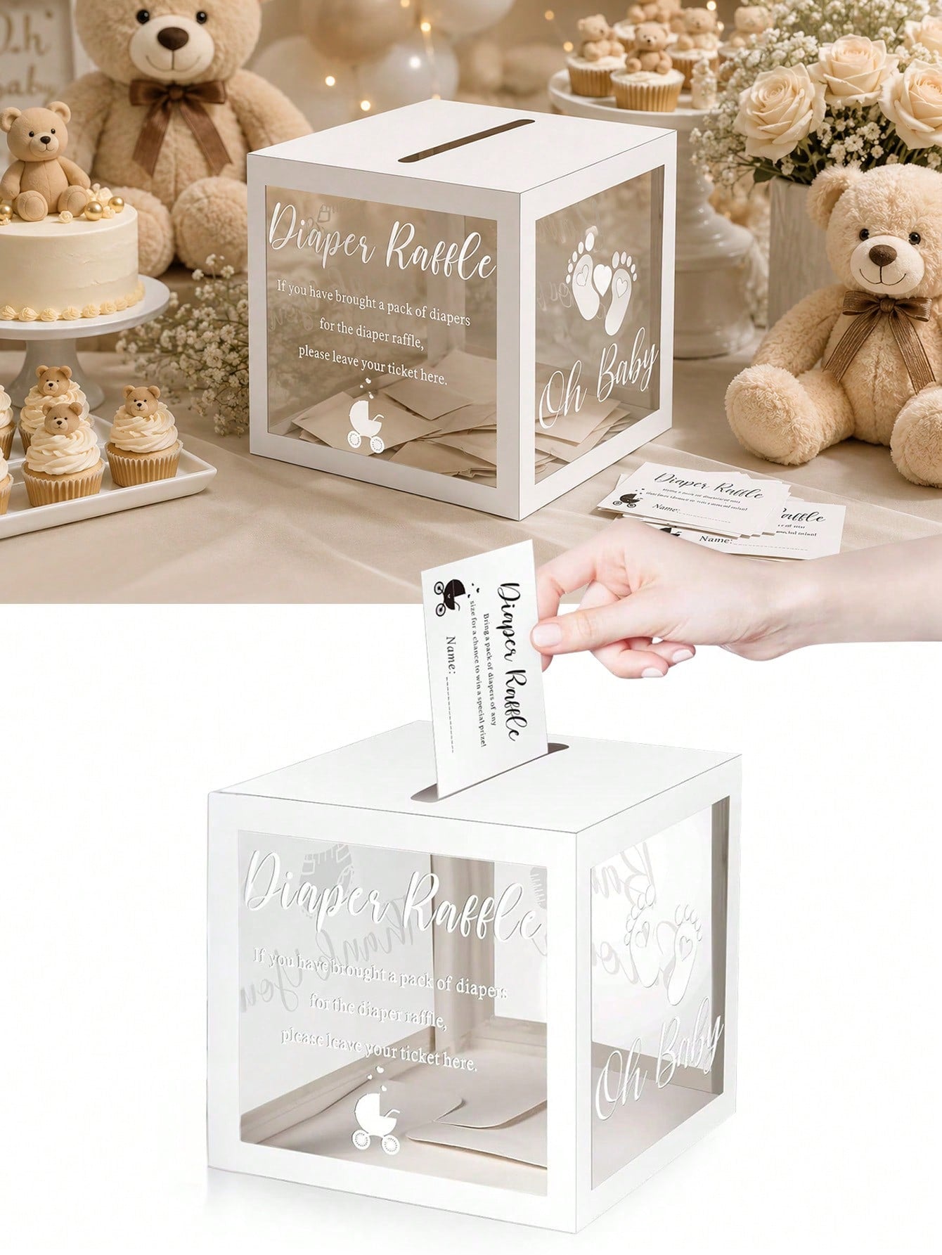 51pcs/Set Baby Shower Diaper Raffle Box Set- Transparent PVC Raffle Box, Includes "Diaper Raffle" Sign, Suitable For Baby Shower Celebration, Baby Shower Supplies, Party Voting Box, Diaper Box