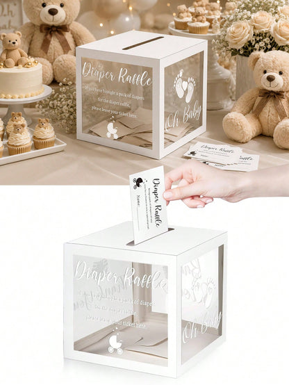 51pcs/Set Baby Shower Diaper Raffle Box Set- Transparent PVC Raffle Box, Includes "Diaper Raffle" Sign, Suitable For Baby Shower Celebration, Baby Shower Supplies, Party Voting Box, Diaper Box