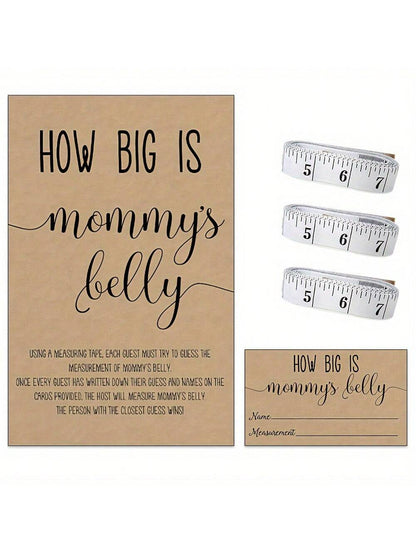 54pcs How Big Is Mommy's Belly? Gender Neutral Baby Shower Game Kit Includes Standing Sign, 50 Trivia Cards, 3 Measuring Tapes And 1 Game Board. Fun Party Activity, Shower Game