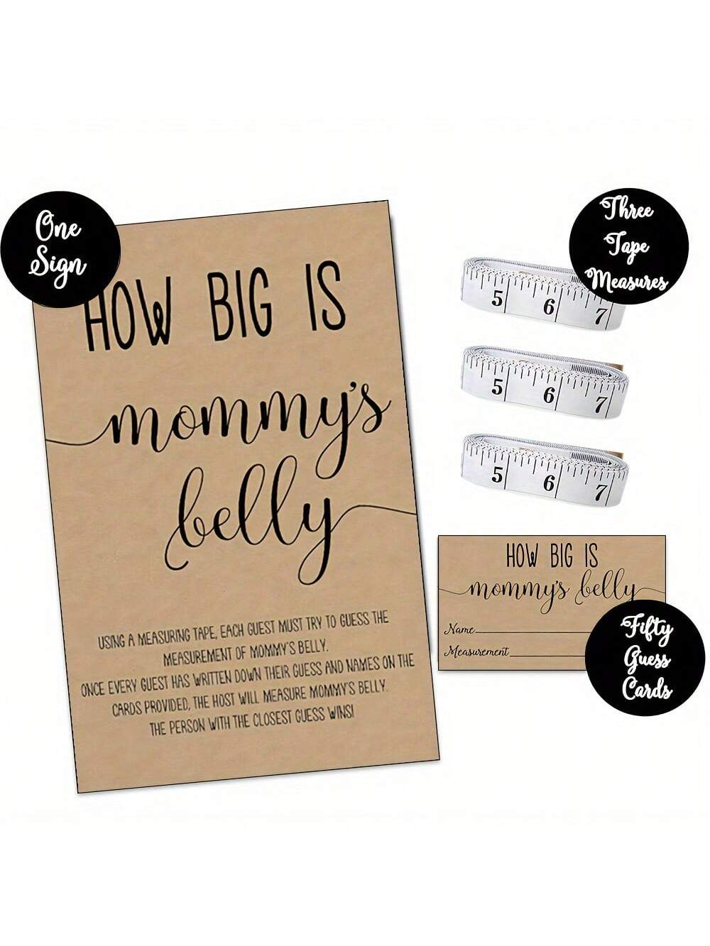 54pcs How Big Is Mommy's Belly? Gender Neutral Baby Shower Game Kit Includes Standing Sign, 50 Trivia Cards, 3 Measuring Tapes And 1 Game Board. Fun Party Activity, Shower Game