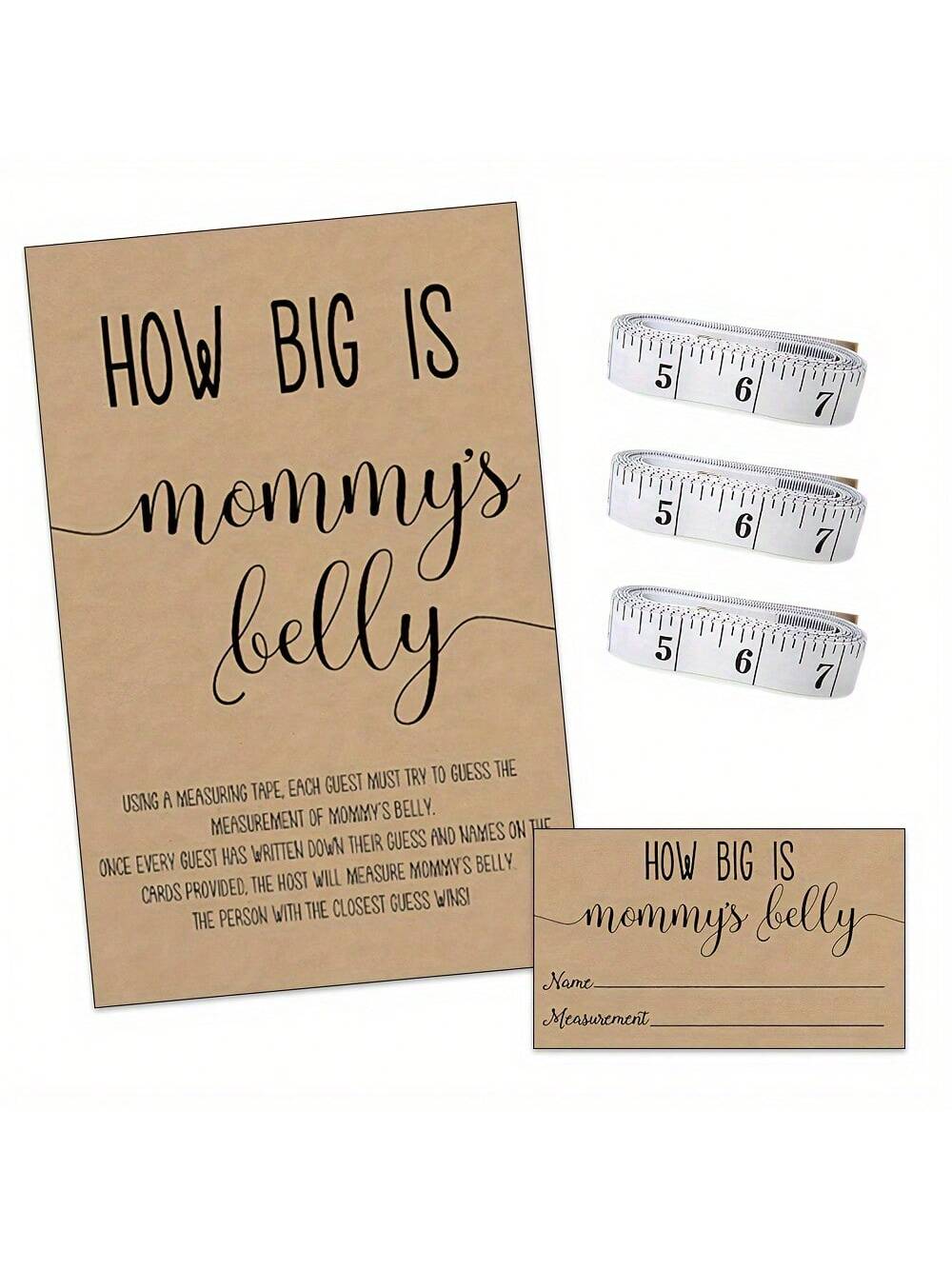 54pcs How Big Is Mommy's Belly? Gender Neutral Baby Shower Game Kit Includes Standing Sign, 50 Trivia Cards, 3 Measuring Tapes And 1 Game Board. Fun Party Activity, Shower Game