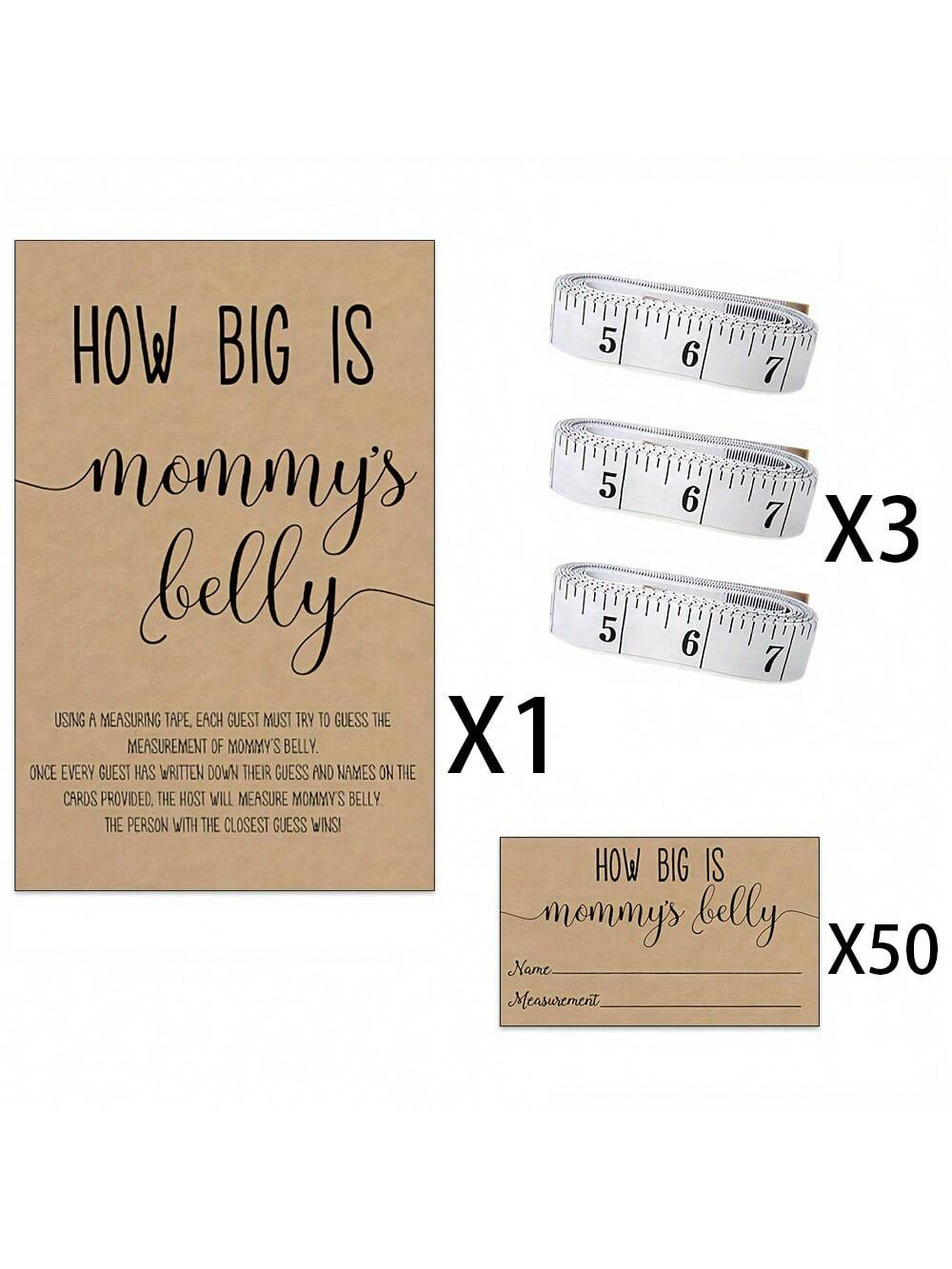 54pcs How Big Is Mommy's Belly? Gender Neutral Baby Shower Game Kit Includes Standing Sign, 50 Trivia Cards, 3 Measuring Tapes And 1 Game Board. Fun Party Activity, Shower Game
