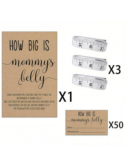 54pcs How Big Is Mommy's Belly? Gender Neutral Baby Shower Game Kit Includes Standing Sign, 50 Trivia Cards, 3 Measuring Tapes And 1 Game Board. Fun Party Activity, Shower Game