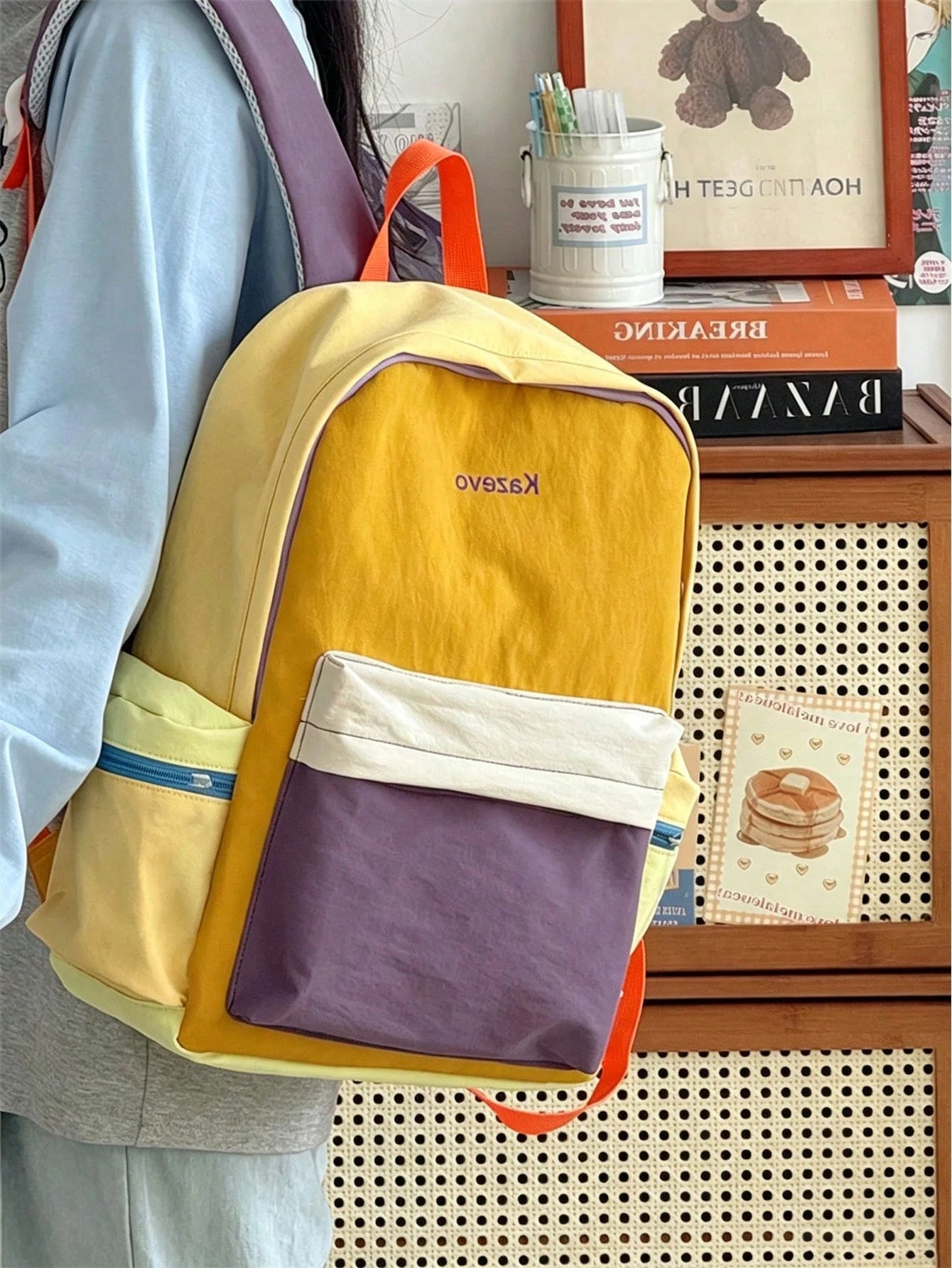 5pcs/1pc Practical Colorblock Backpack, Easy-Access Soft Daily Use Bag, Suitable For Adults, Elegant Student Bag, Sports Outdoor Travel Backpack, Casual School Bag, Neat Office Document Storage Tool