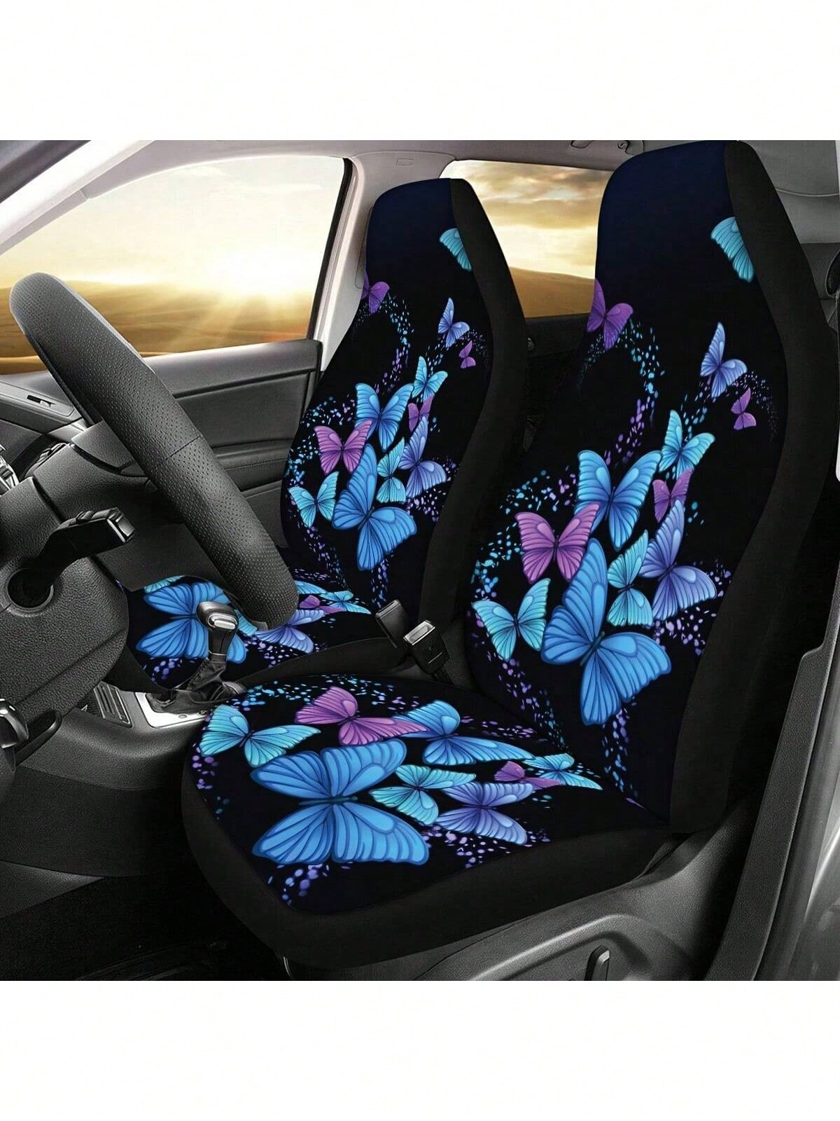 5pcs Car Seat Covers, Blue Butterfly Print, Car Interior Decor, Cushion Cover, Suitable For SUV & Sedan, Universal Fit, Breathable, Anti-Dust, Car Accessories, Suitable For Ladies & Gentlemen, All Sea
