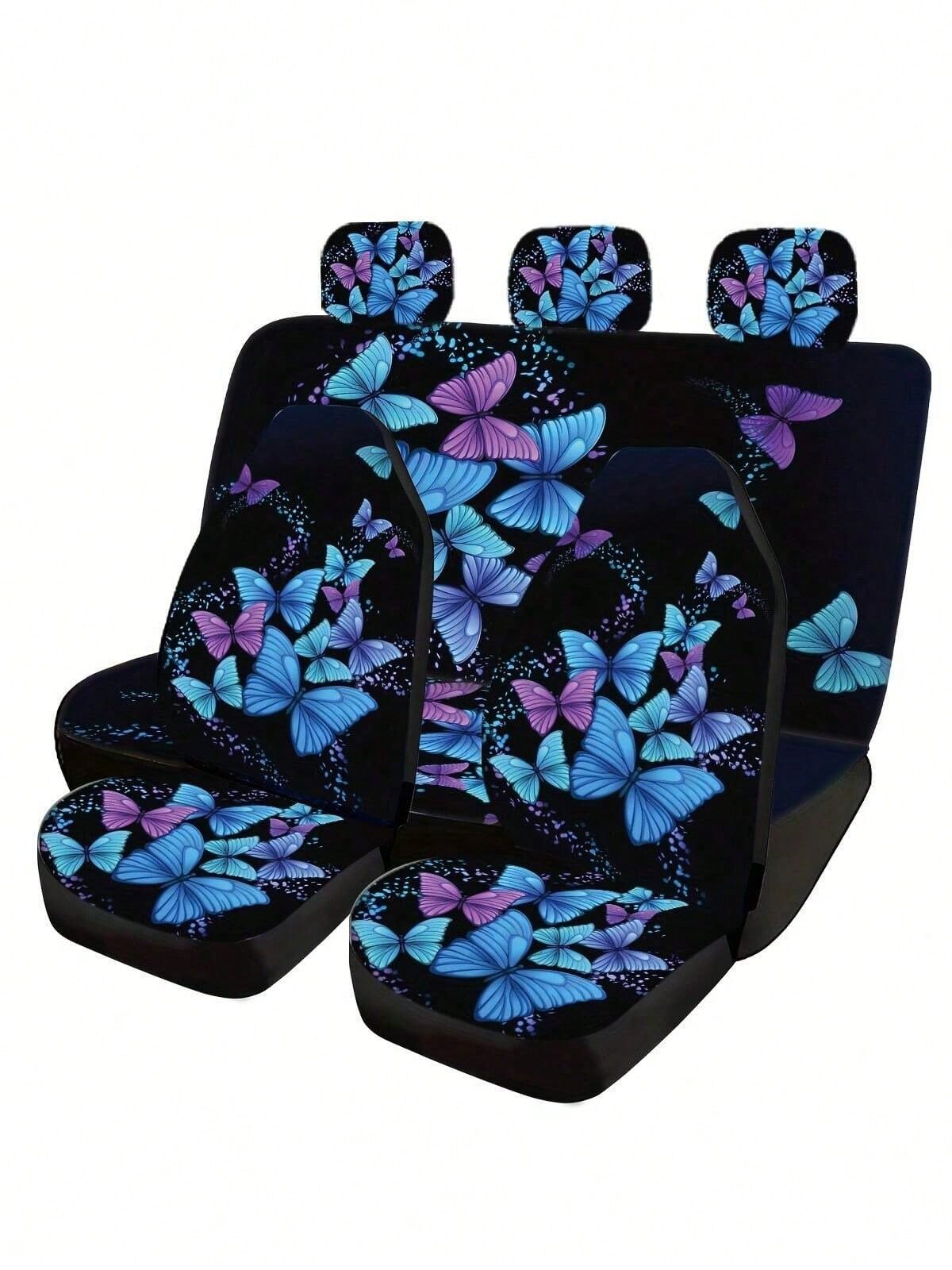 5pcs Car Seat Covers, Blue Butterfly Print, Car Interior Decor, Cushion Cover, Suitable For SUV & Sedan, Universal Fit, Breathable, Anti-Dust, Car Accessories, Suitable For Ladies & Gentlemen, All Sea