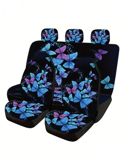 5pcs Car Seat Covers, Blue Butterfly Print, Car Interior Decor, Cushion Cover, Suitable For SUV & Sedan, Universal Fit, Breathable, Anti-Dust, Car Accessories, Suitable For Ladies & Gentlemen, All Sea
