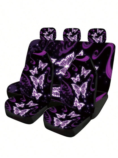 5pcs Car Seat Covers, Blue Butterfly Print, Car Interior Decor, Cushion Cover, Suitable For SUV & Sedan, Universal Fit, Breathable, Anti-Dust, Car Accessories, Suitable For Ladies & Gentlemen, All Sea